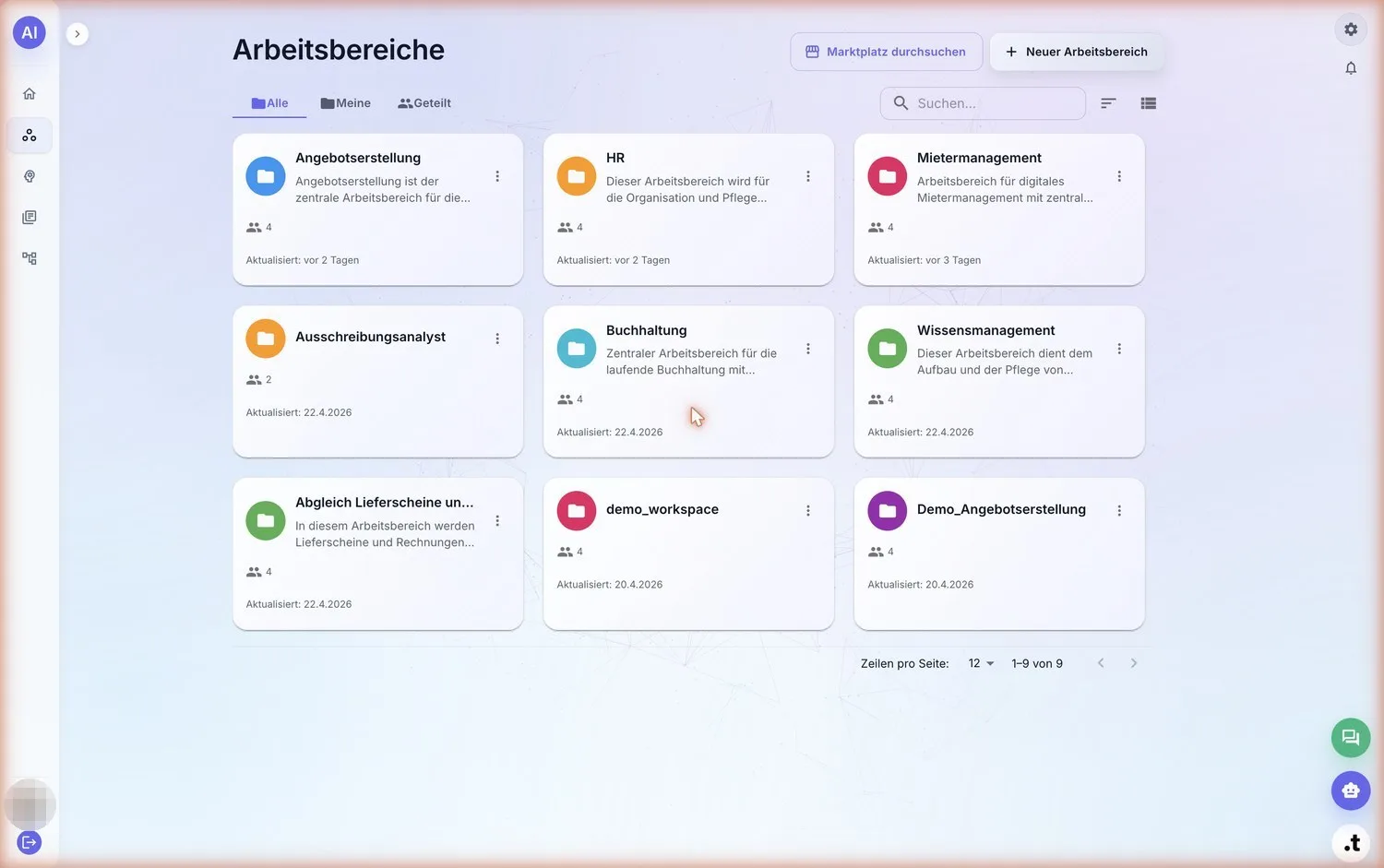 AI.tune Arbeitsbereiche: echter Produkt-Screenshot